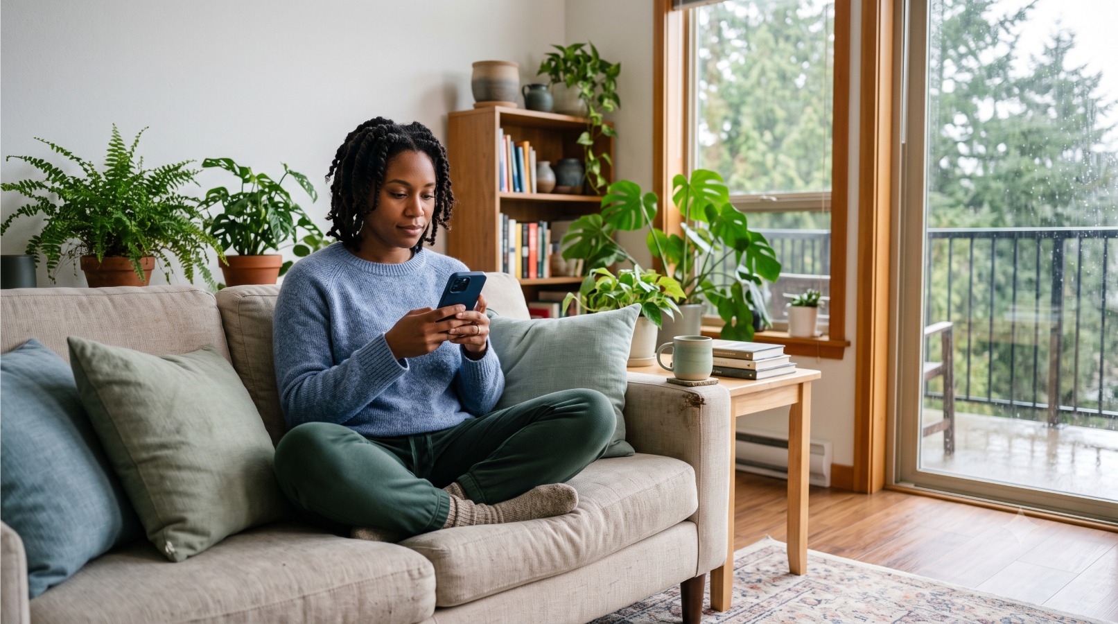 African American Women sitting on a coach looking at her phone with a contiplative look on her face, she is wearing a blue sweater and army green sweat pants